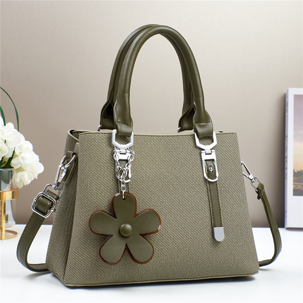 Womens Fashionable Textured Handbag with Flower Charm